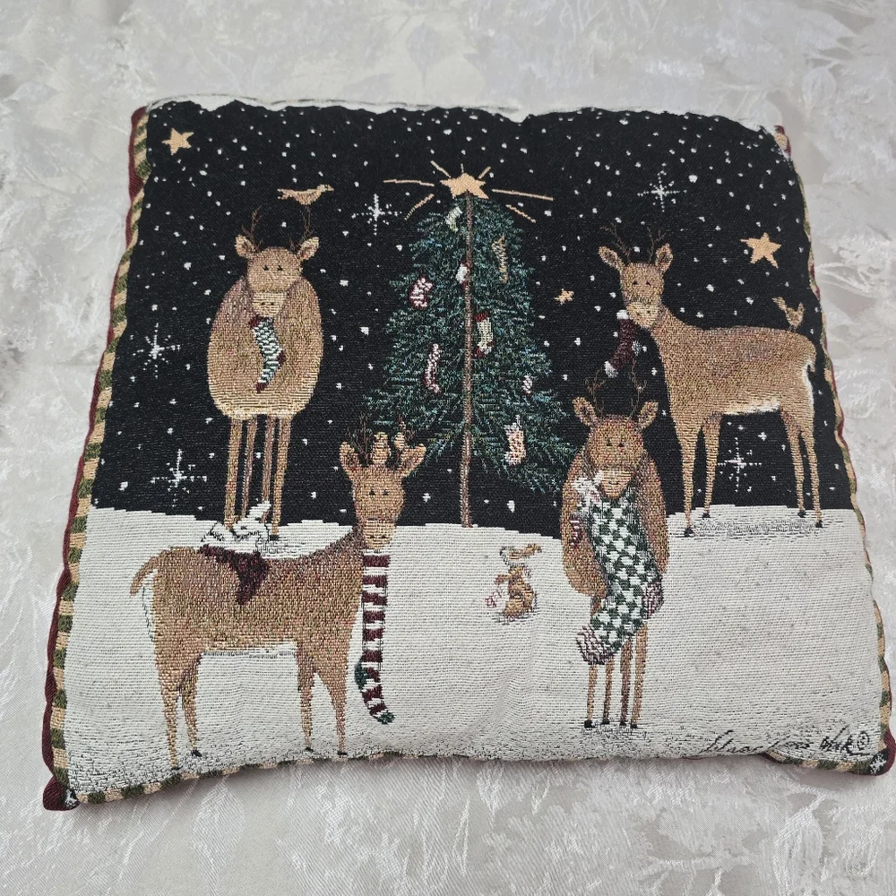 Vintage Christmas Tapestry Pillow Valerie Evers Wenk Reindeer 16x16 Embroidered